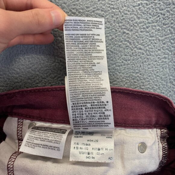 Levis 513 Jeans Mens Size 34X32 Burgundy Slim Straight Dark Red,Stretch - Picture 8 of 12